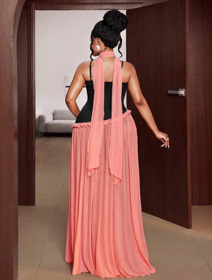 Sexy Spaghetti Strap Patchwork Frill Trim Dress, Loose Casual Holiday Dress @CHRISTIANDELOS