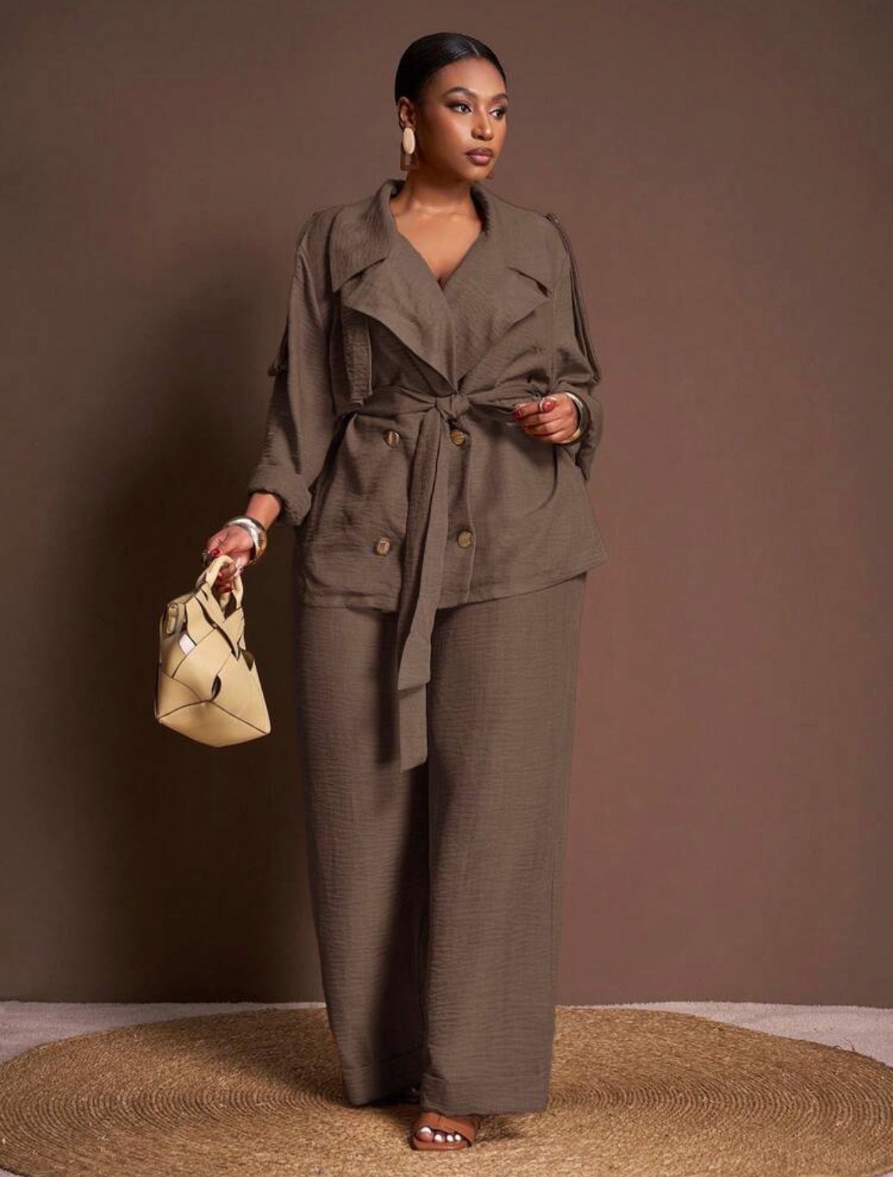 Courting Two-Piece Set , Casual Everyday Wear - Elegant Commute Jacket And Wide Leg Long Pants With Pockets - CHRISTIAN DELOS