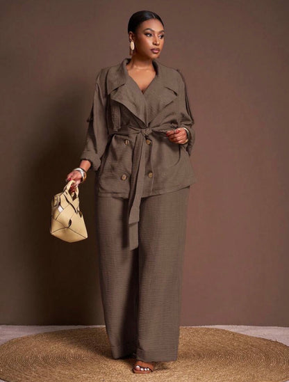 Courting Two-Piece Set , Casual Everyday Wear - Elegant Commute Jacket And Wide Leg Long Pants With Pockets - CHRISTIAN DELOS