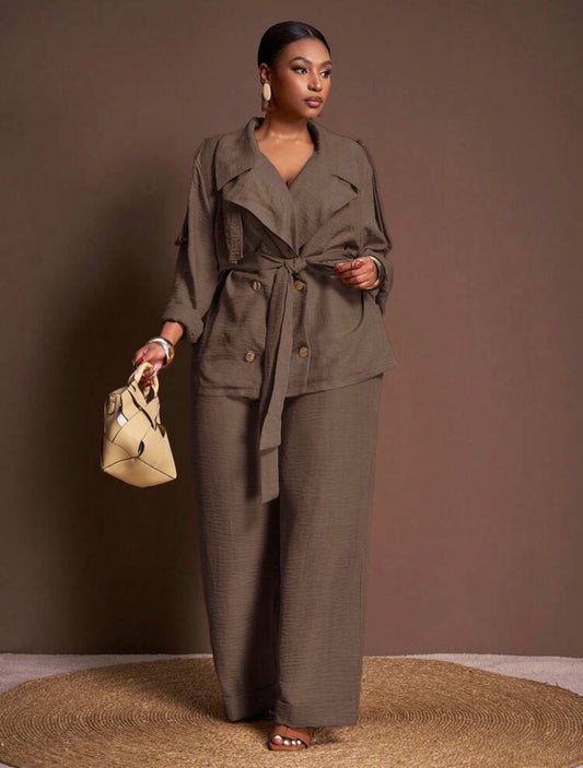 Courting Two-Piece Set , Casual Everyday Wear - Elegant Commute Jacket And Wide Leg Long Pants With Pockets - CHRISTIAN DELOS