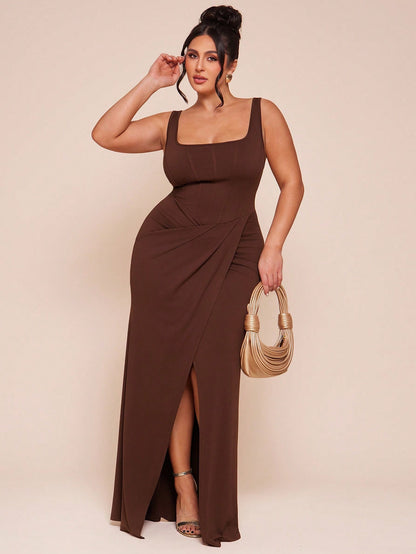 Plus Size Women Vintage Elegant Square Neck Adjustable Strap Faux Twist Hem Slit Dress ~ VERI CLASSY VERI DEMURE ~