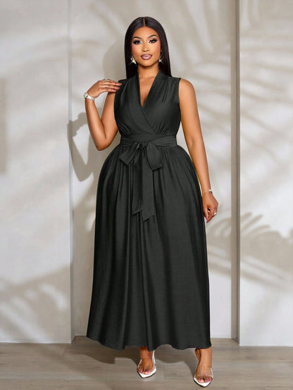 Linen Belted V-Neck Sleeveless Special Process Elastic Waist Pleated Mid-Length A-Line Dress