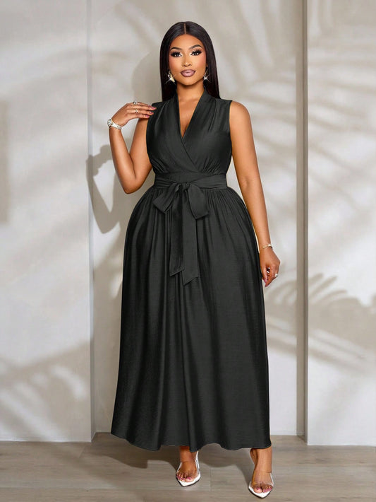 Linen Belted V-Neck Sleeveless Special Process Elastic Waist Pleated Mid-Length A-Line Dress