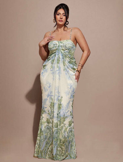 Green Floral Maxi Bodycon Dress, Elegant Dress For Vacation, Mesh Dress