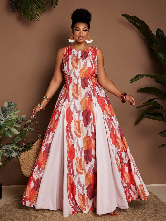 Tropical Vacation Holiday Floral Print Sleeveless Round Neck Waist Flowy Maxi Dress For Party Resort Style