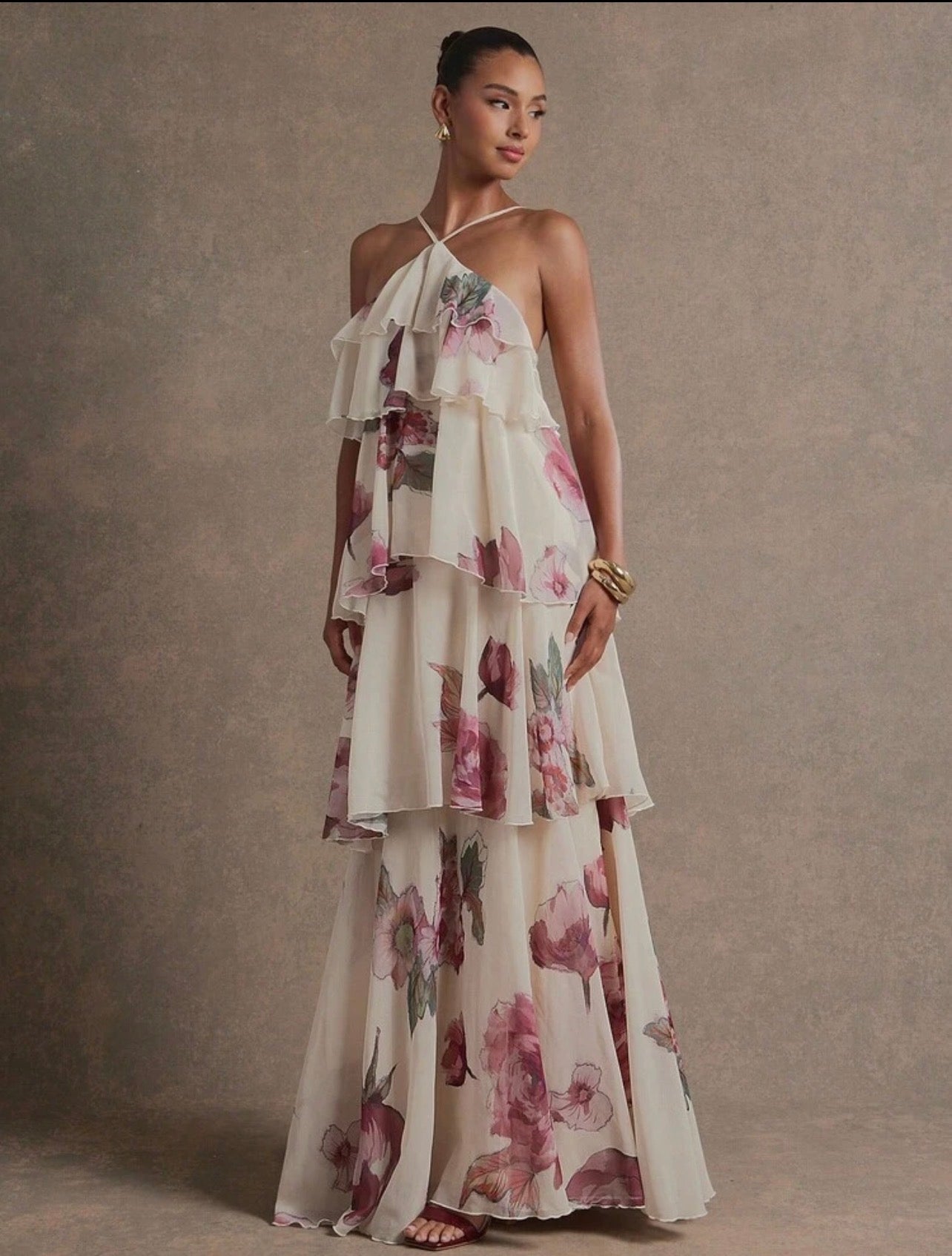 L'Amorae Elegant Romantic Guest Chiffon Maxi Dress Floral Print