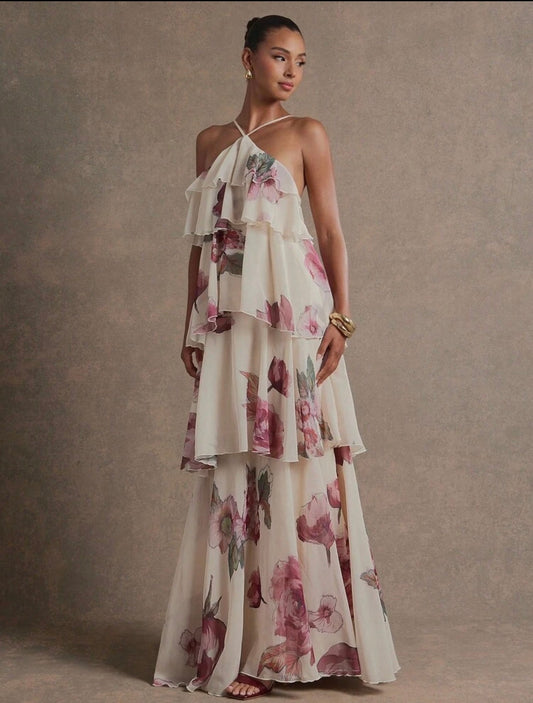 L'Amorae Elegant Romantic Guest Chiffon Maxi Dress Floral Print