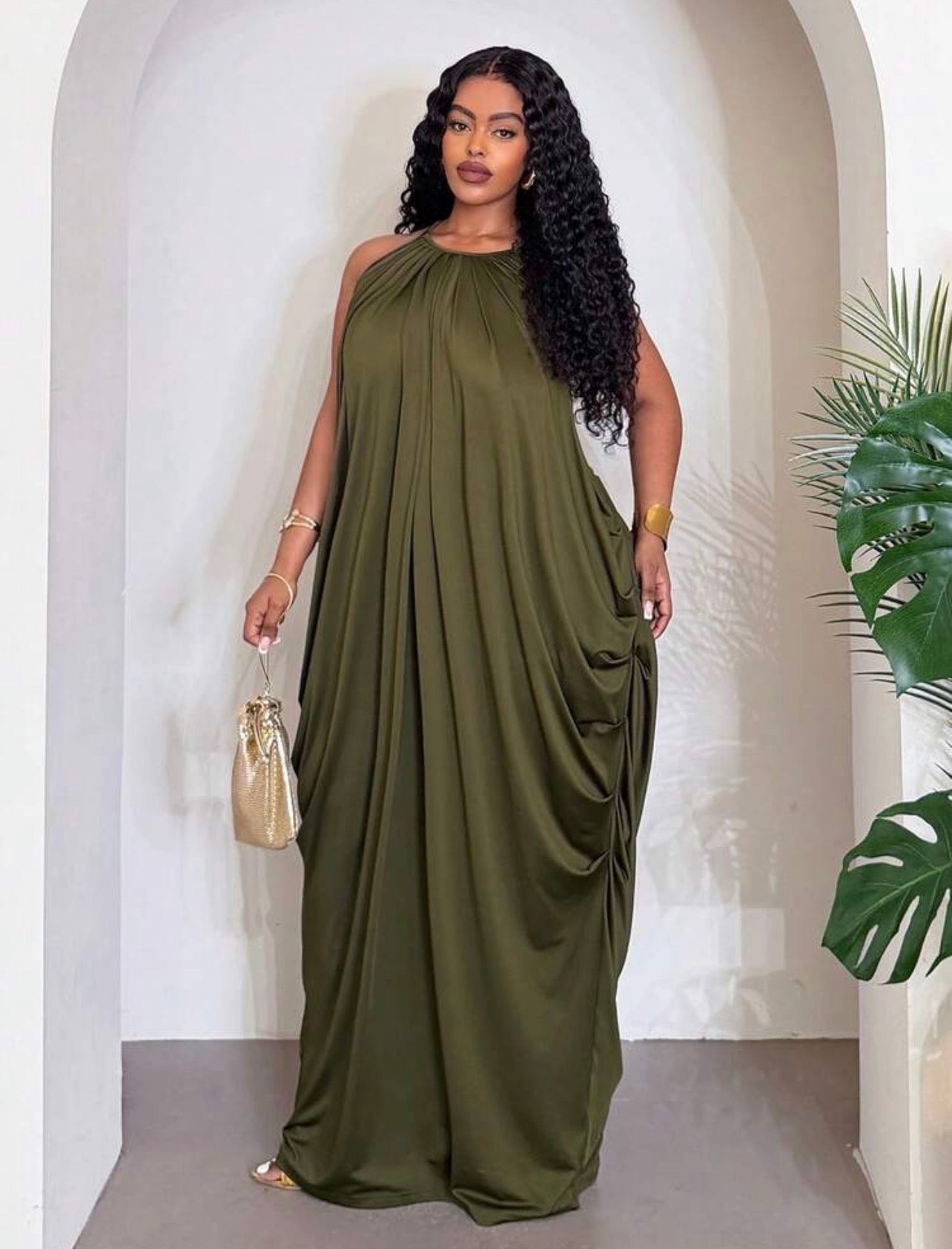ELEGANT CHIC OLIVE GREEN HALTER NECK DRESS ~ VERI CLASSY VERI DEMURE