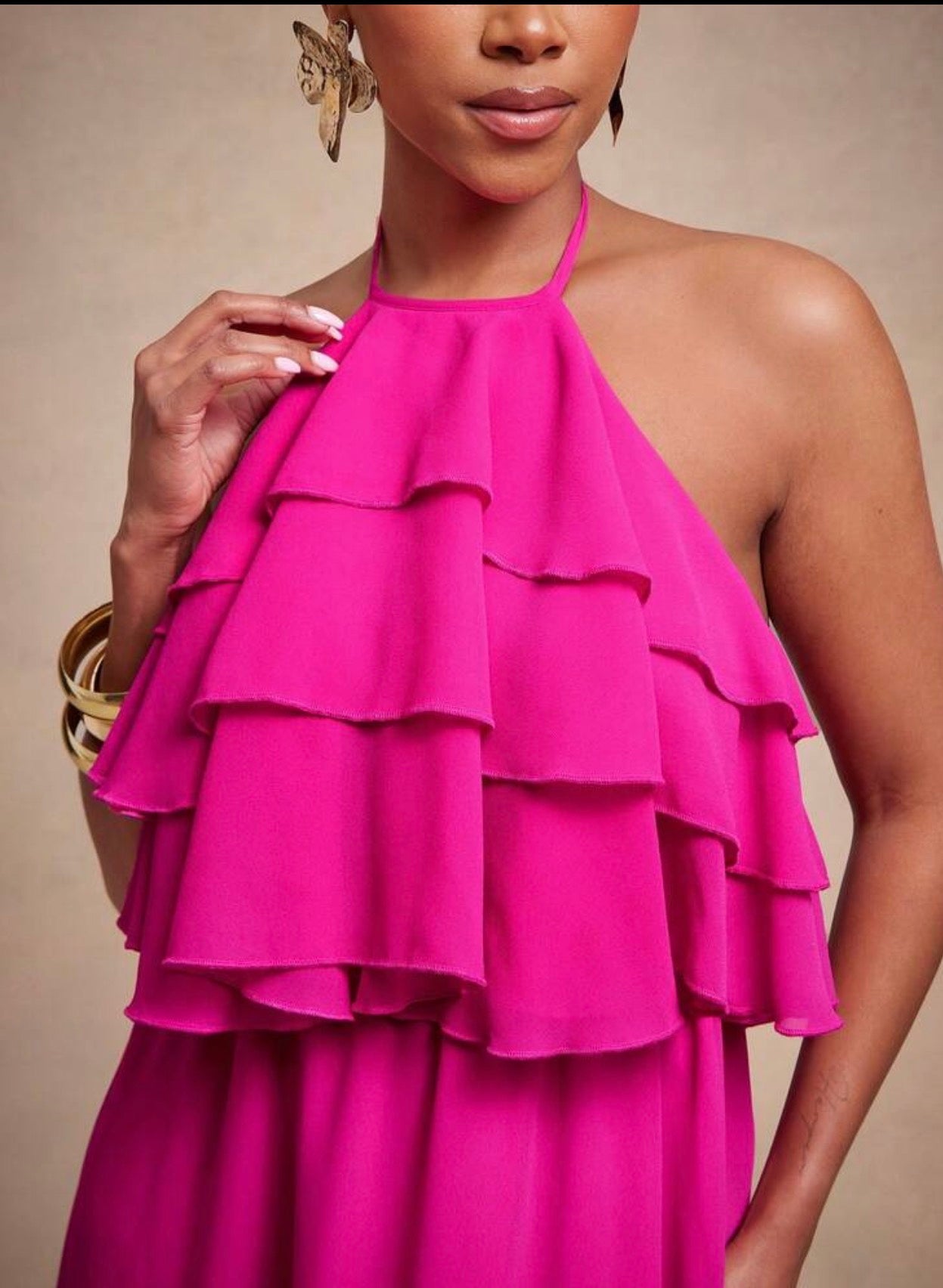 Vixey Chiffon Fully Lined Tiered Ruffle Flowy Halter Neck Maxi Dress, Elegant, Glamorous for Special Occasion
