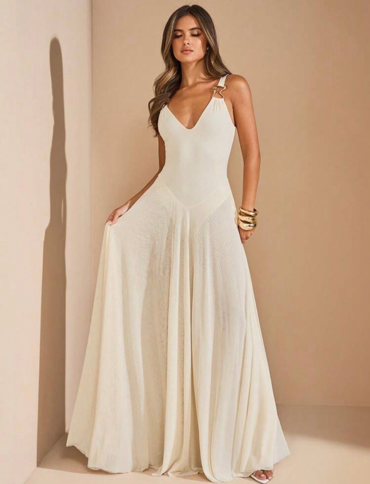 Off-White Maxi Dress, Metal Decor A-Line Goddess Dress For Tropical Vacation,Holiday Beach Resort