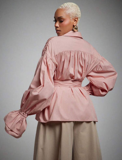 Two-Way Worn Solid Woven Pointed Collar Ruffle Cuff Button Down Blouse, Business Work Office Commute Top, Chic Workwear -