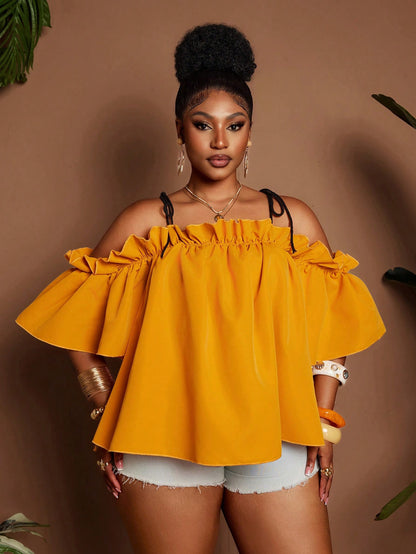 Yellow Retro Casual Off-Shoulder Blouse For Women @CHRISTIANDELOS_