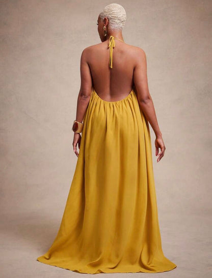 Vixey Elegant Chiffon Flowy Halter Maxi Dress, Glamorous For Special Occasion