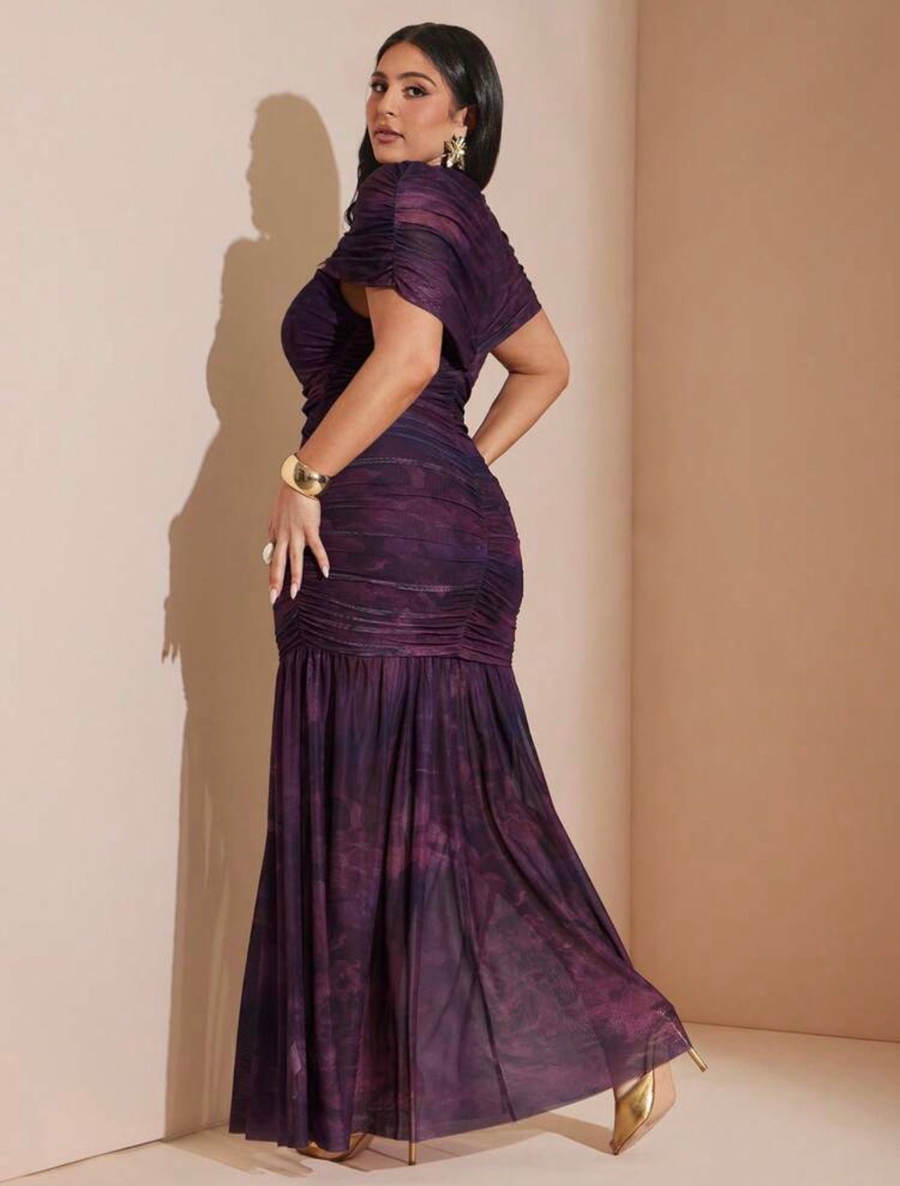 Ladies Elegant Dark Purple Formal Dress,Tie & Dye Mesh Ruched O Neck Maxi Dress With Sheer Sleeves,Sophisticated Mermaid Hem Gown