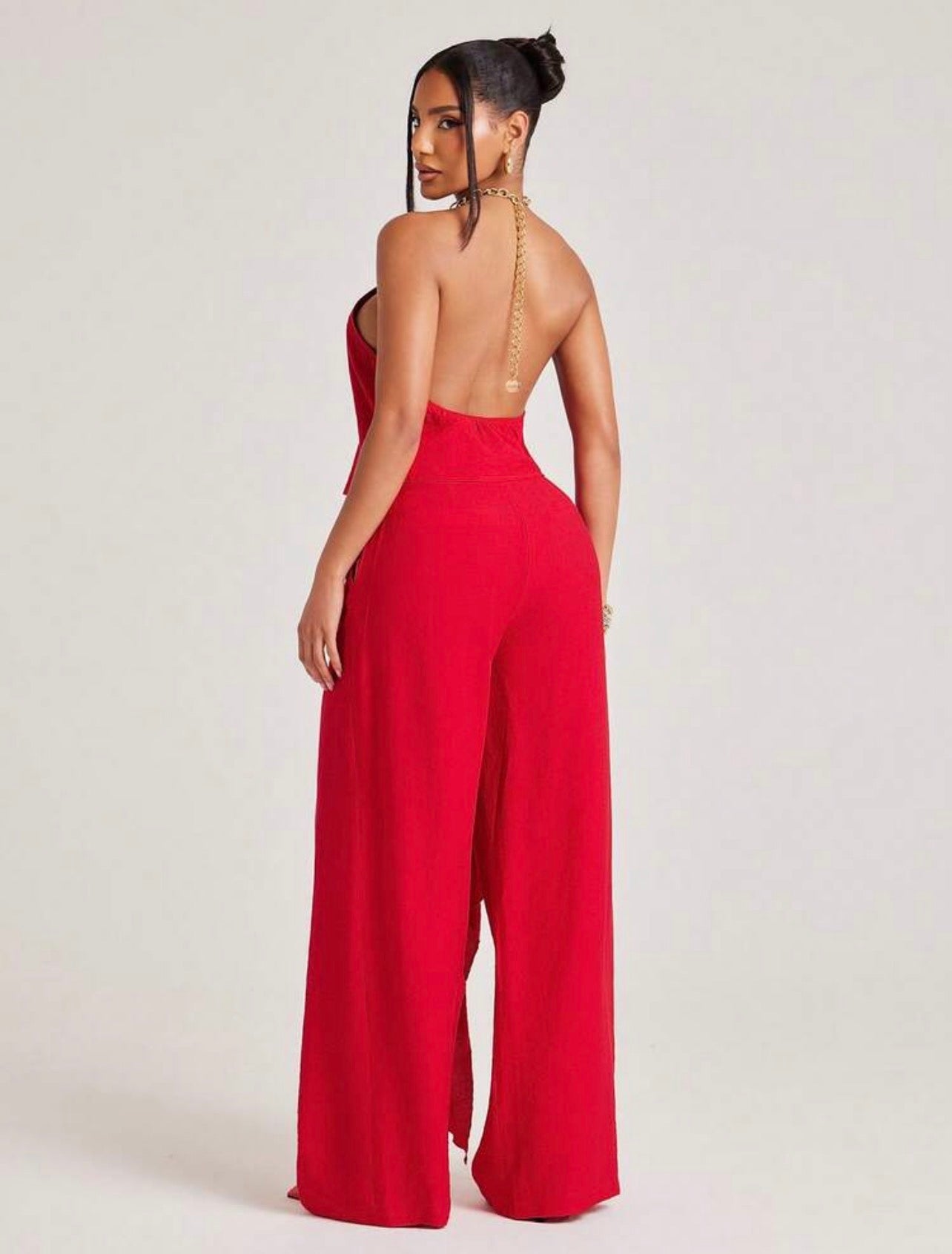 Matching Set Top And Pant Chain Neck Halter Oversized Trouser Wide Leg Asymmetrical Skirt Overlay Detail Brunch Casual Everyday Wear ~ VERI CLASSY VERI DEMURE ~