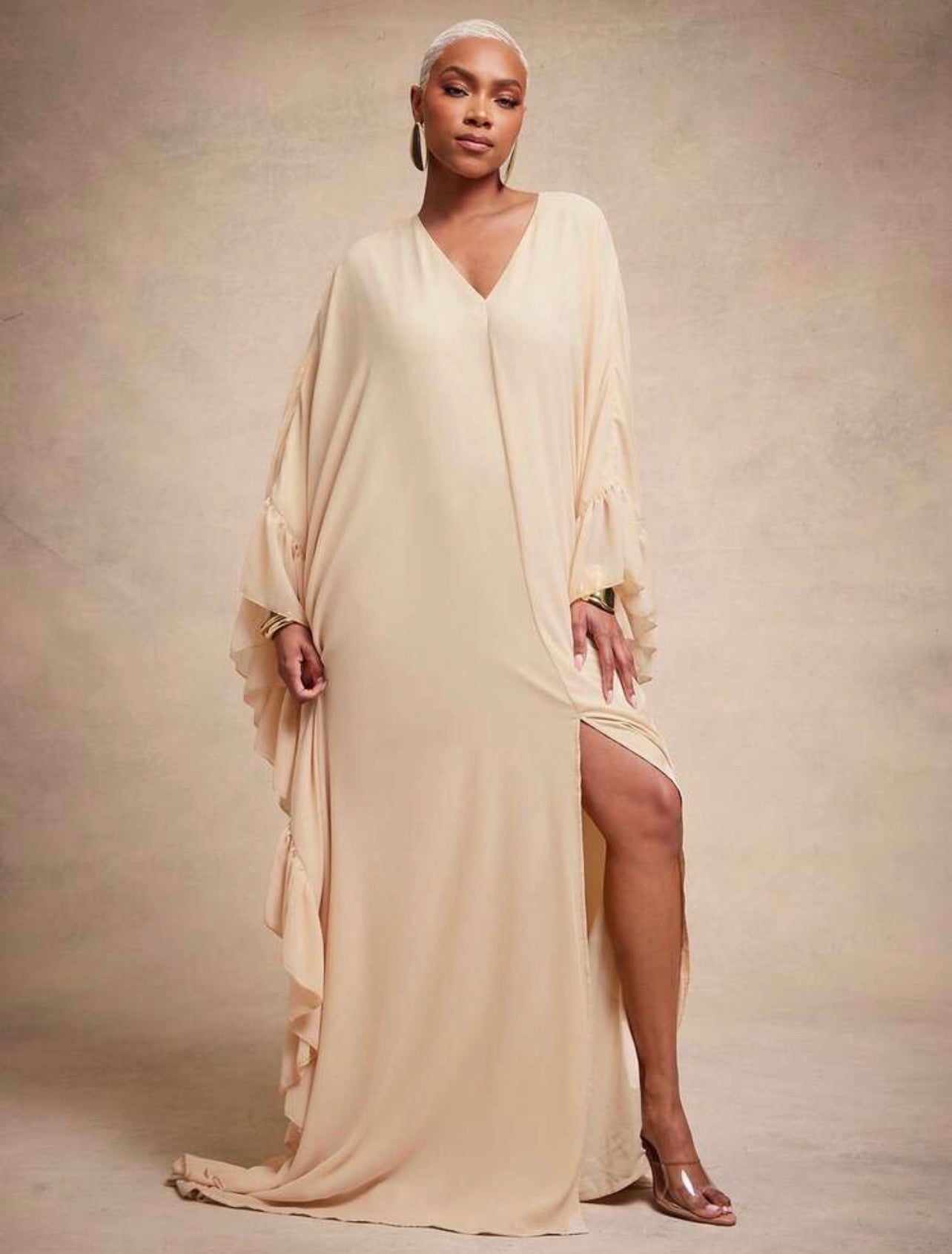 Vixey Chiffon Fully Lined Ruffle Detail Kaftan Dress, Elegant, Glamorous For Special Occasion