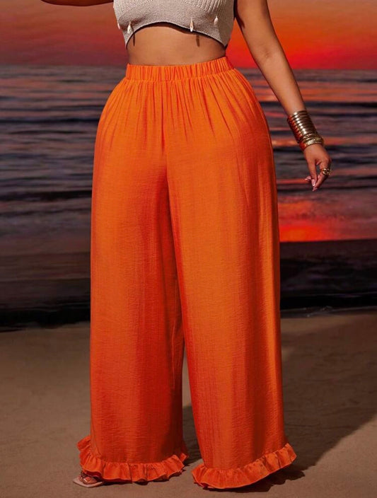 Retro Linen Wide Leg Pants, Frill Trim, Elastic Waist Slimming Casual Boho Trousers All Outdoor/ Indoor Occasions