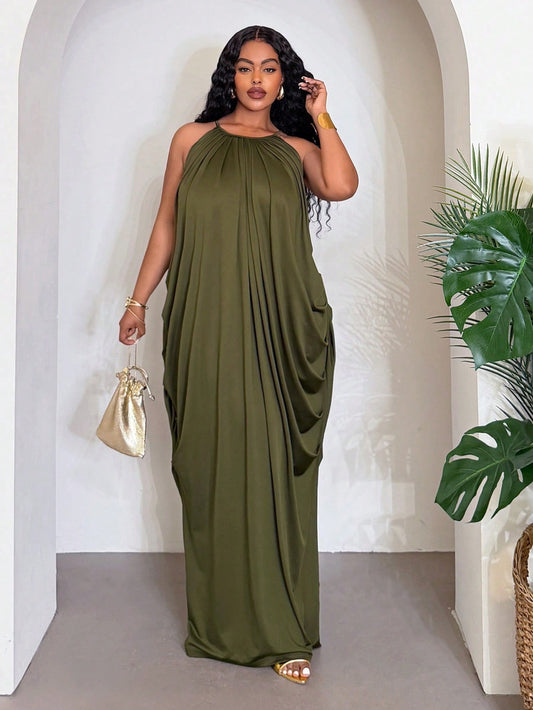 ELEGANT CHIC OLIVE GREEN HALTER NECK DRESS ~ VERI CLASSY VERI DEMURE