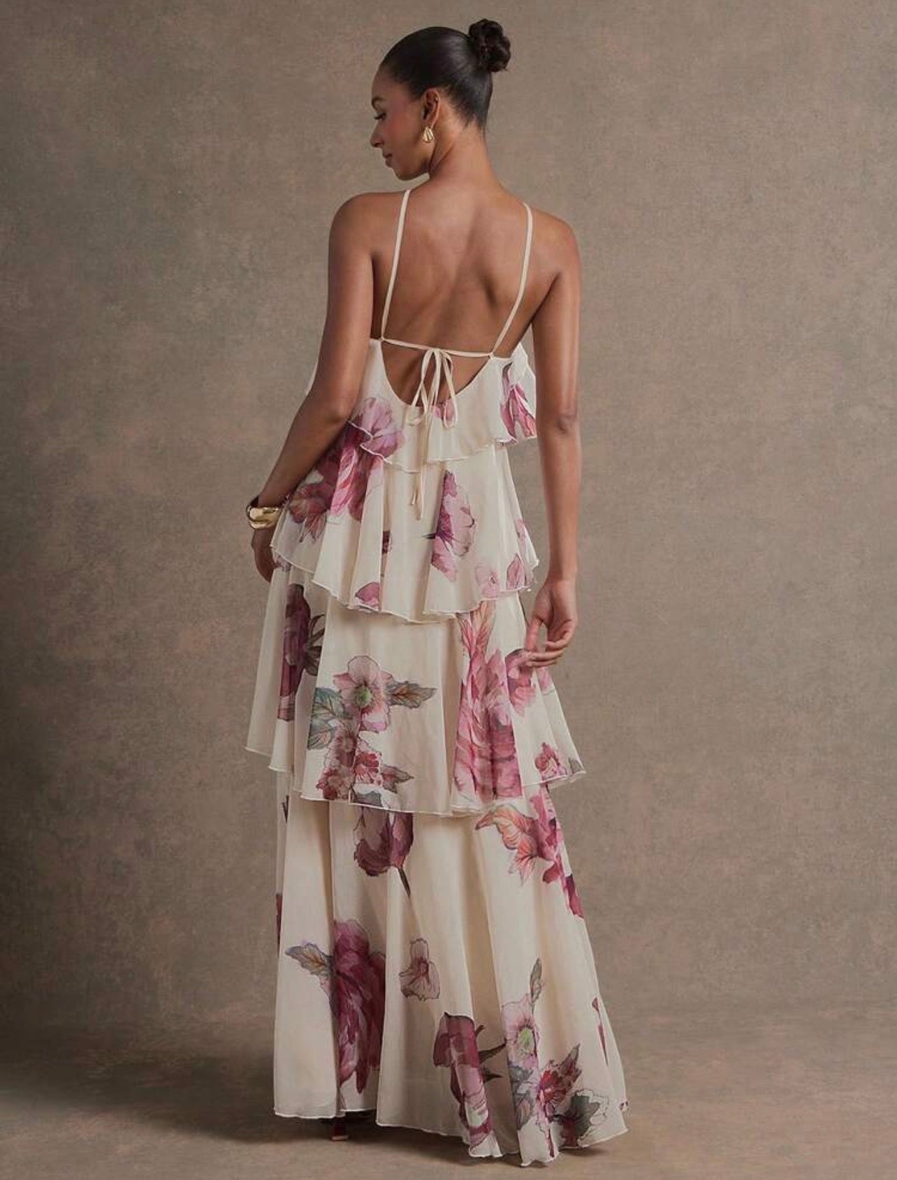L'Amorae Elegant Romantic Guest Chiffon Maxi Dress Floral Print