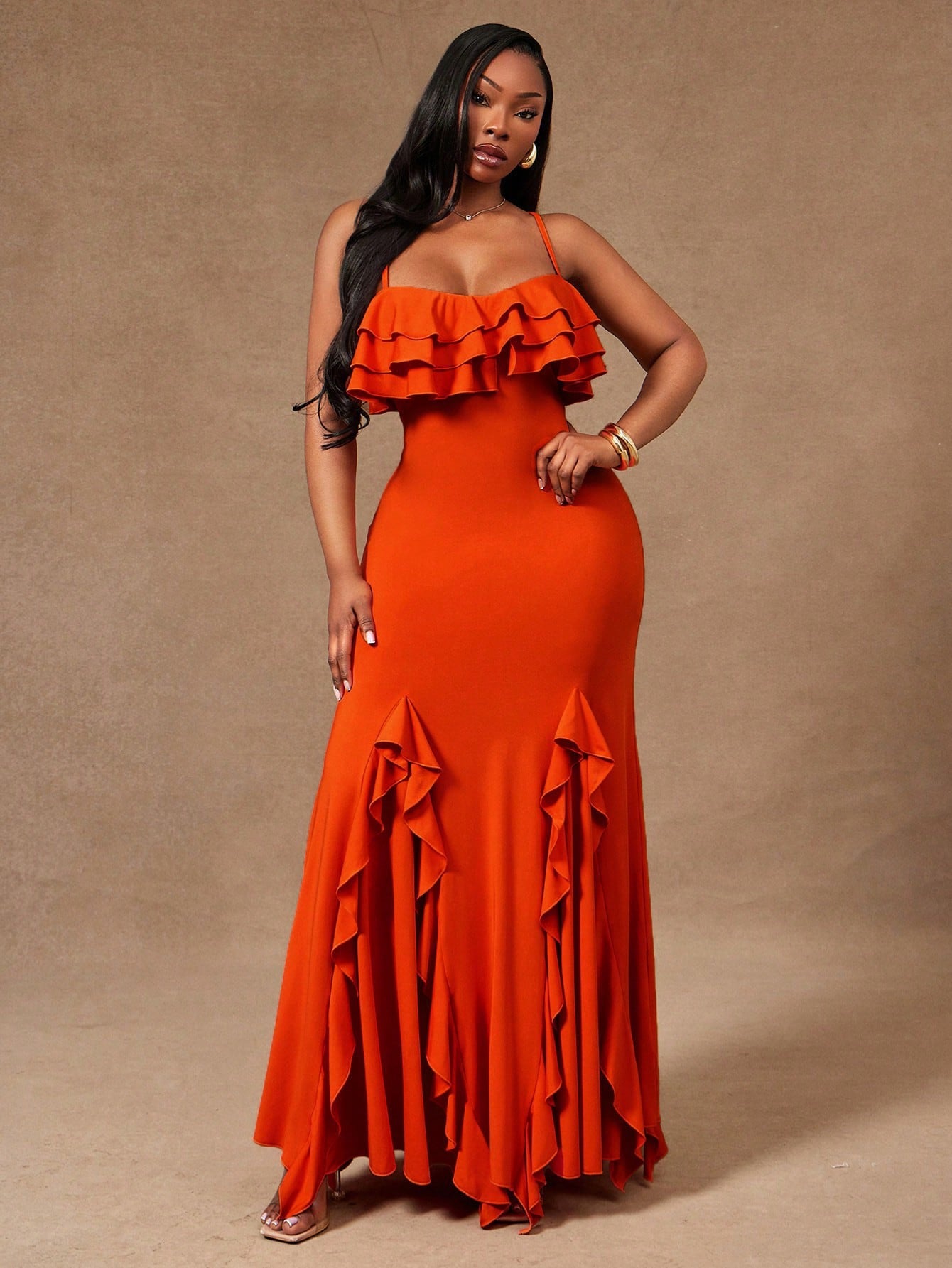 Burnt Orange Elegant Cocktail Wear Multilayered Ruffle Decor Strap Bodycon Dress Boho Chic