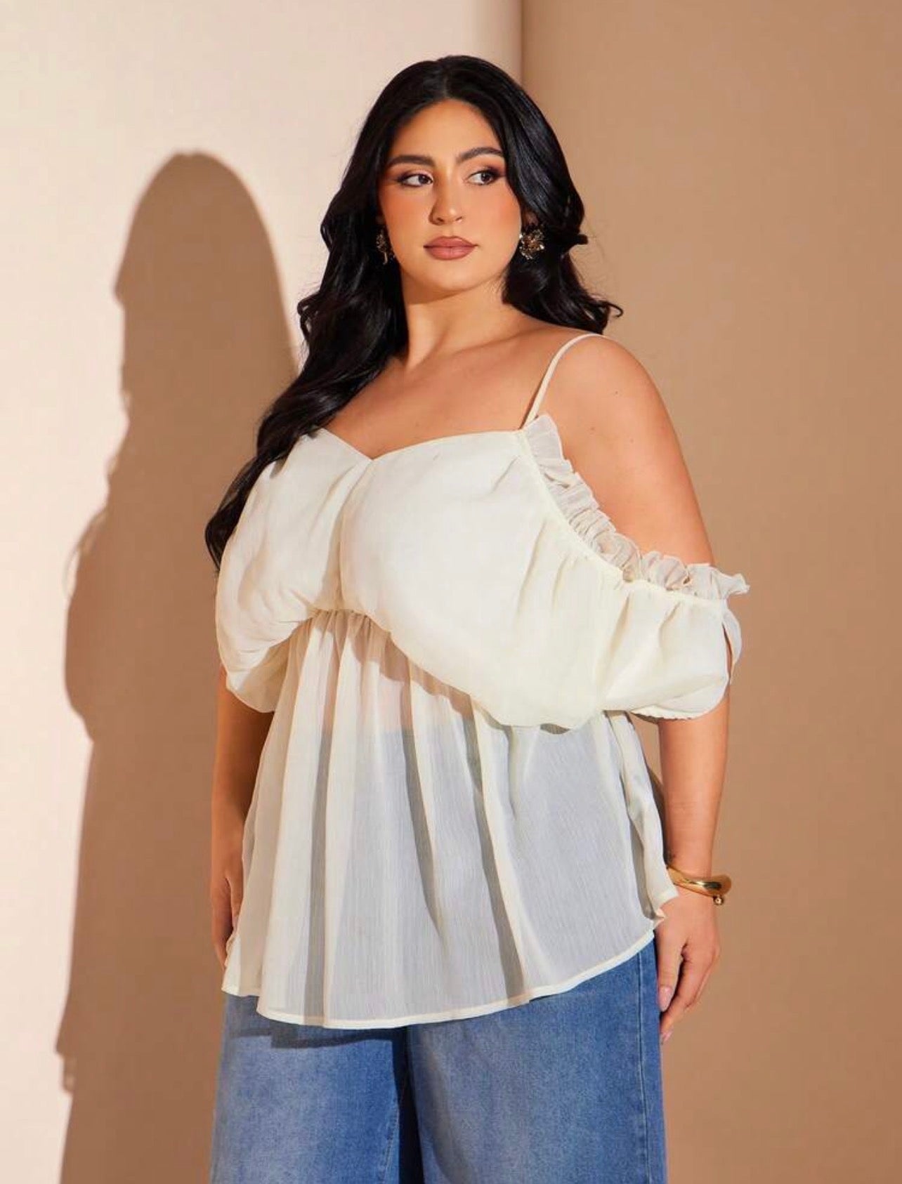 BAE Ladies Apricot Off-Shoulder Camisole,Loose-Fitting, Drop-Shoulder, Apricot Chiffon Camisole Top