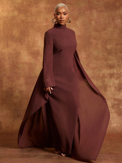 Vixey Brown Chiffon Mock Neck Batwing Long Sleeve Maxi Dress @CHRISTIANDELOS