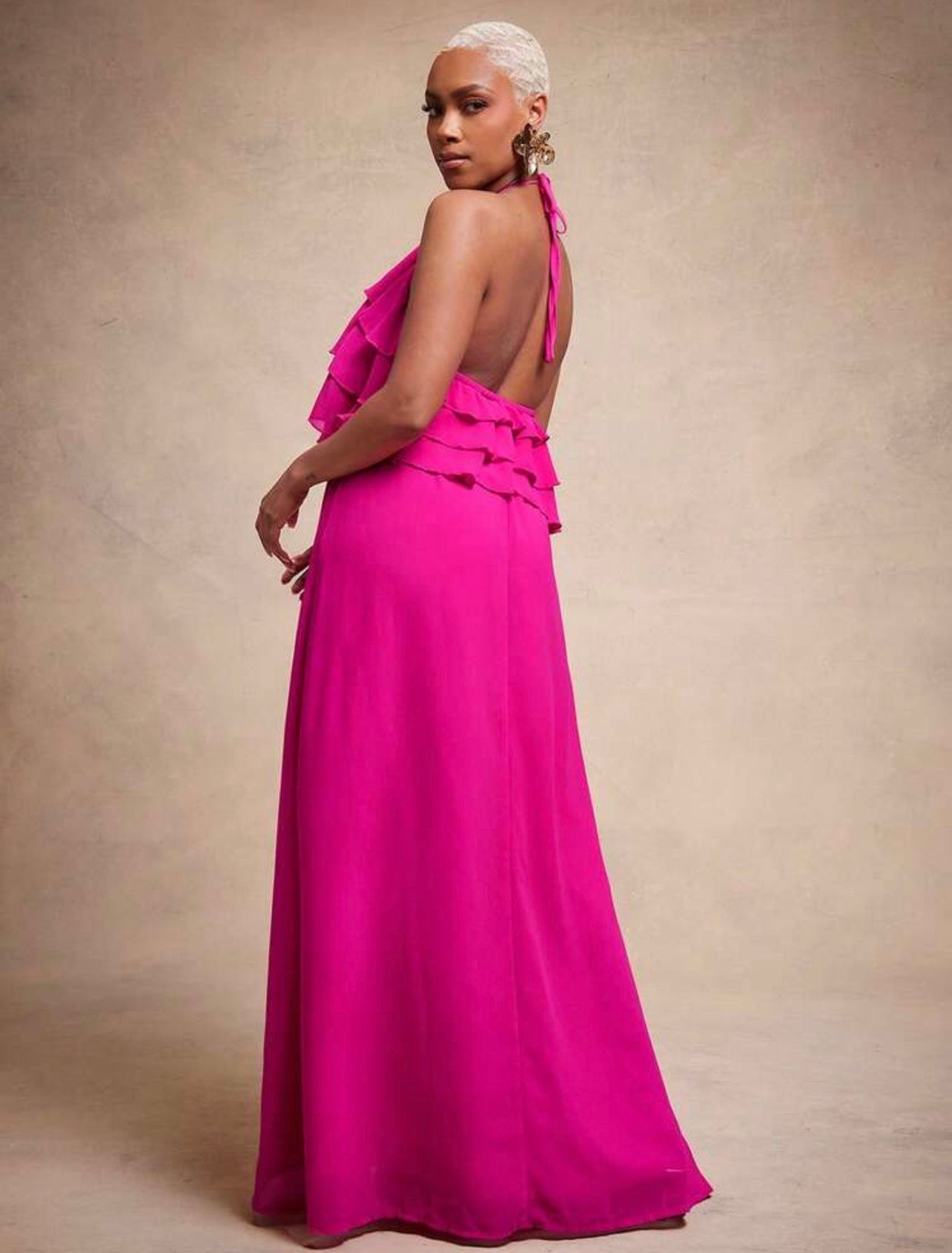 Vixey Chiffon Fully Lined Tiered Ruffle Flowy Halter Neck Maxi Dress, Elegant, Glamorous for Special Occasion