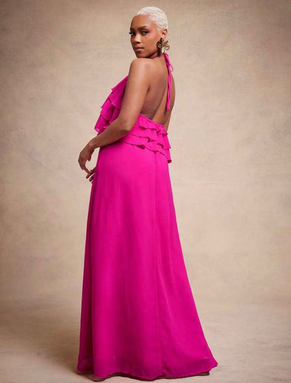 Vixey Chiffon Fully Lined Tiered Ruffle Flowy Halter Neck Maxi Dress, Elegant, Glamorous for Special Occasion