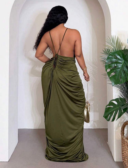 ELEGANT CHIC OLIVE GREEN HALTER NECK DRESS ~ VERI CLASSY VERI DEMURE