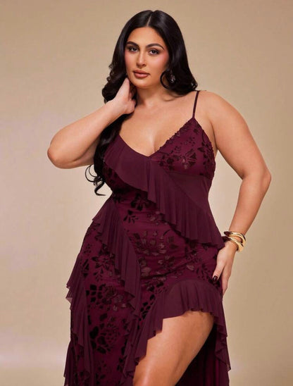 High Fashion Brand @CHRISTIANDELOS_ Asymmetric Ruffle Hem Dress, High Slit, Burgundy, Outfits For Women || VERI CLASSY VERI DEMURE •••