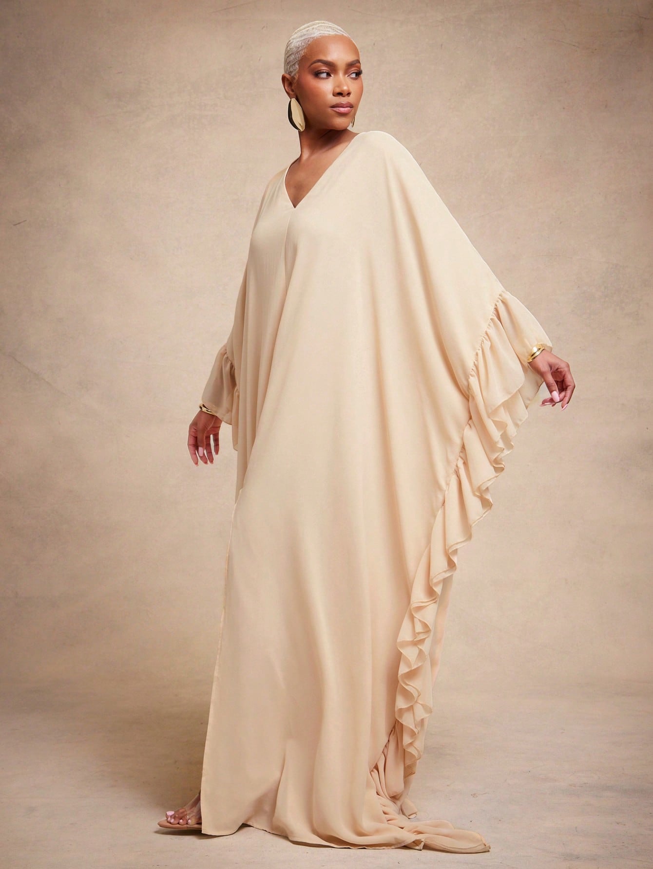 Vixey Chiffon Fully Lined Ruffle Detail Kaftan Dress, Elegant, Glamorous For Special Occasion