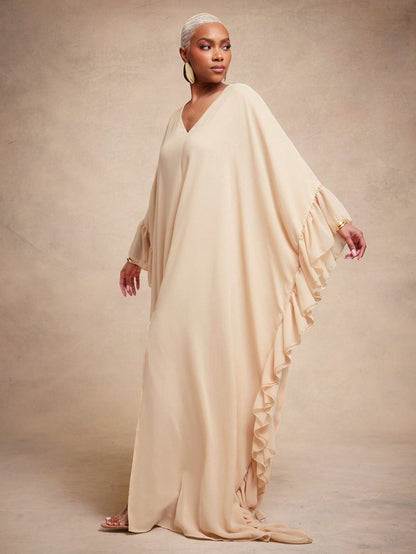 Vixey Chiffon Fully Lined Ruffle Detail Kaftan Dress, Elegant, Glamorous For Special Occasion