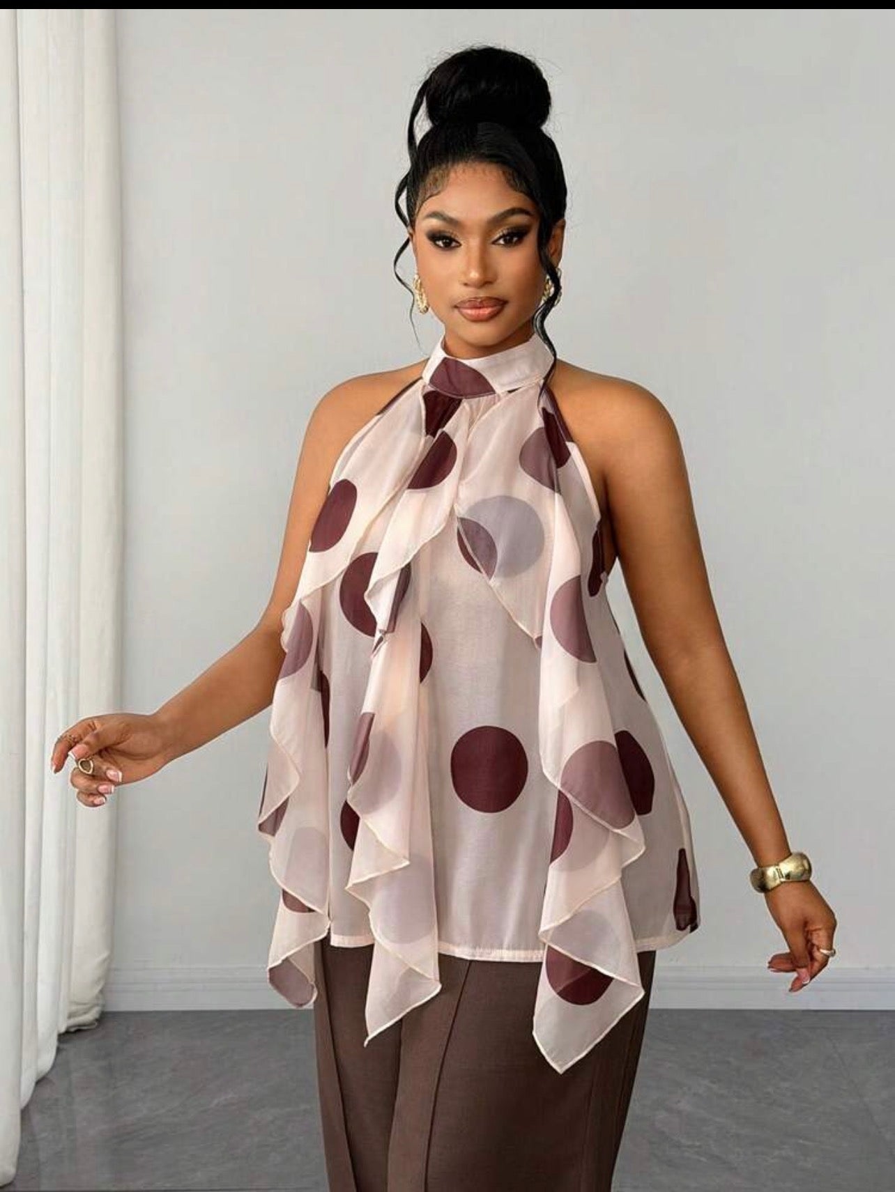 Maweii Plus Retro French Polka Dot Ruffle Hem Blouse