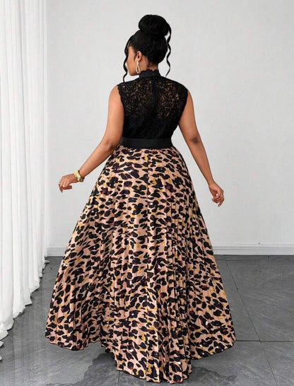 Elegant Exquisite Cinched Waist Lace Patchwork Leopard Print Pleated Long Sleeveless Casual Dress