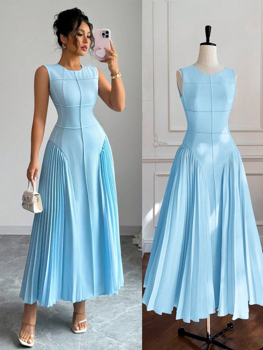 Minimalist Design Neck Sleeveless Pleated Hem Maxi Knit Dress