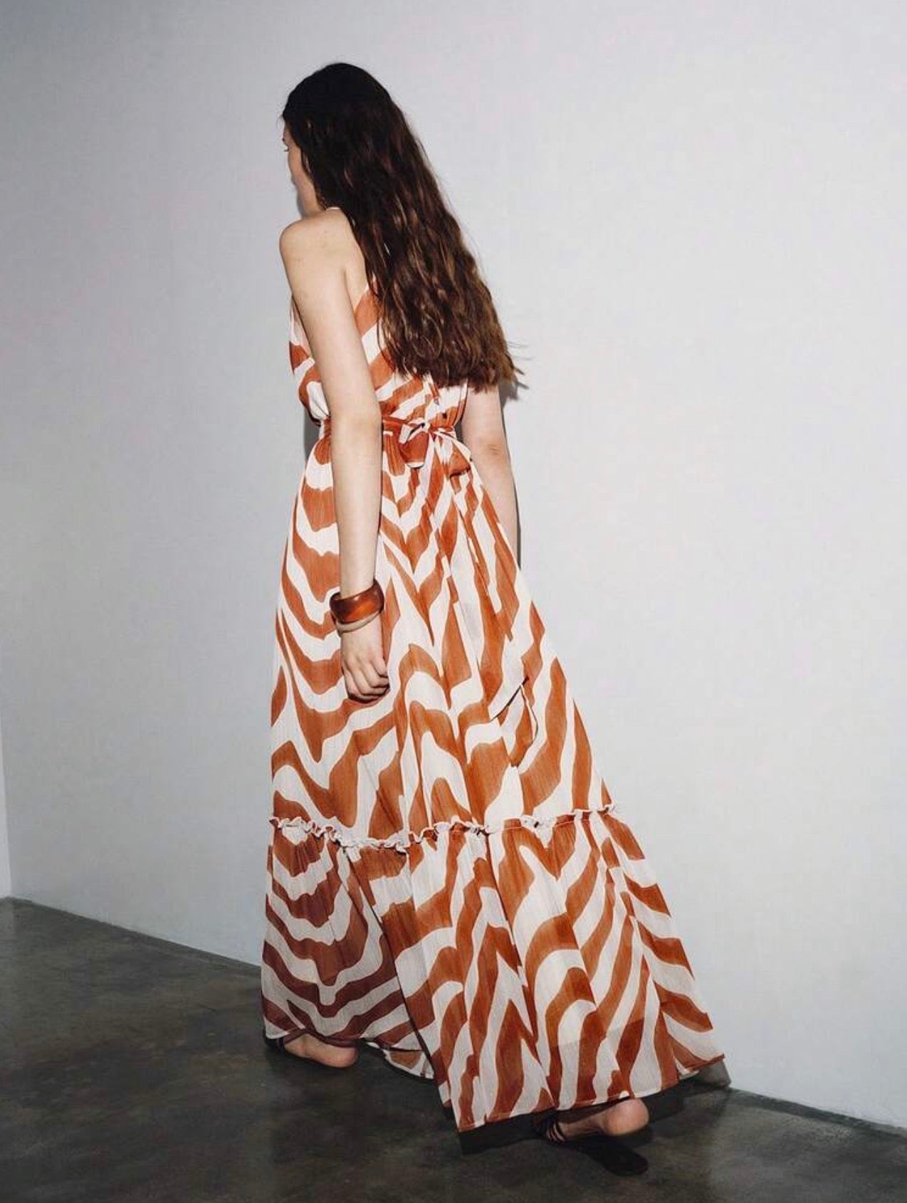 PREMIUM DEEP V-NECK CINCHED WAIST A-LINE STRIPED PRINT DRESS