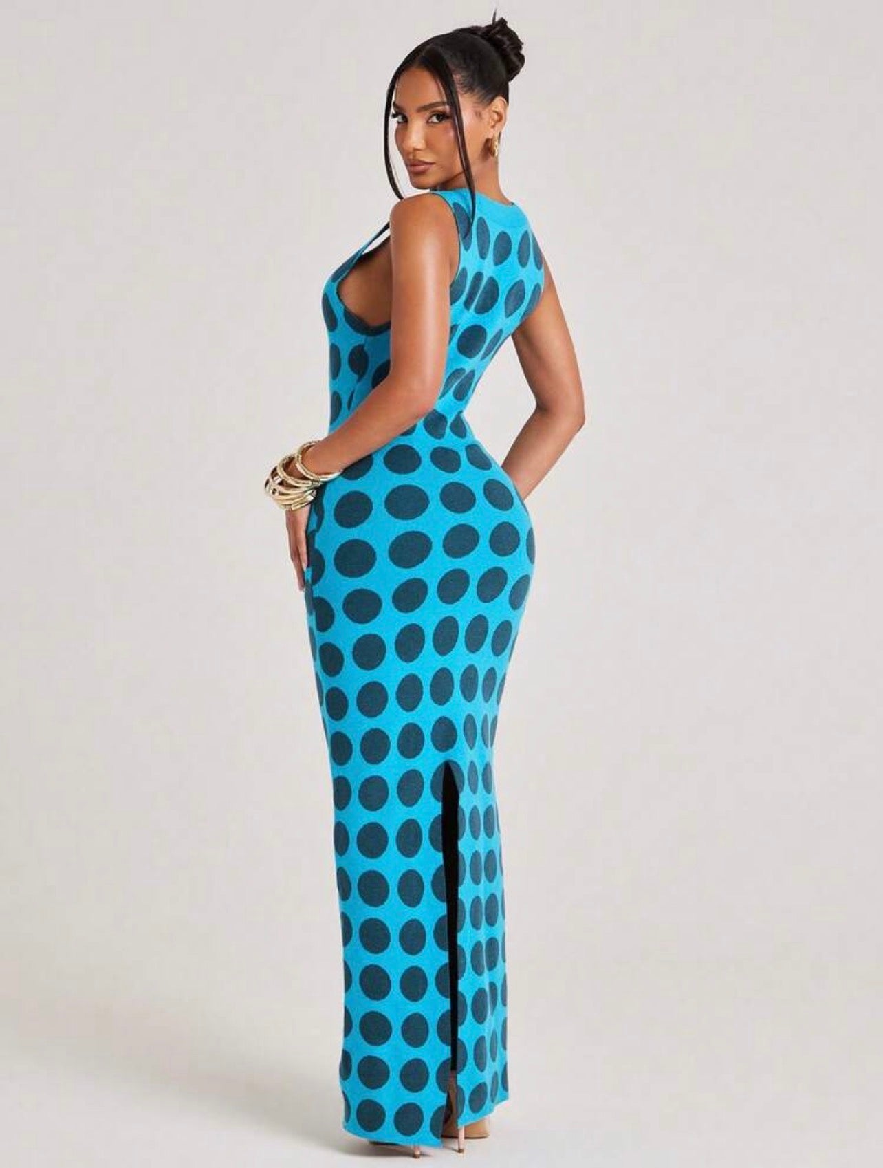 DELOS Knit Dress Sleeveless Cutout Detail Polka Dot Vibrant Unique Scoop Neckline Ribbed Maxi Brunch Casual Everyday Wear || VERI CLASSY VERI DEMURE
