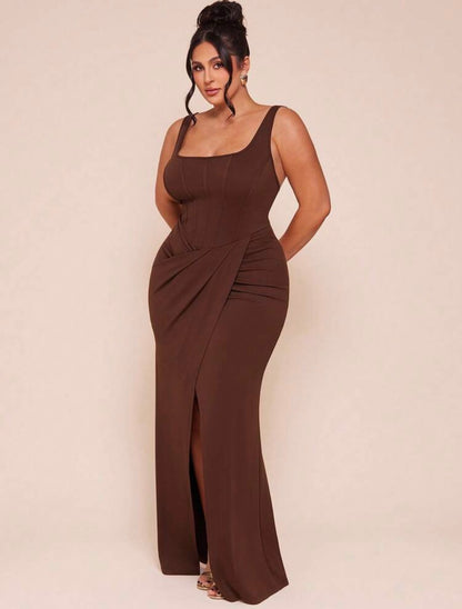 Plus Size Women Vintage Elegant Square Neck Adjustable Strap Faux Twist Hem Slit Dress ~ VERI CLASSY VERI DEMURE ~