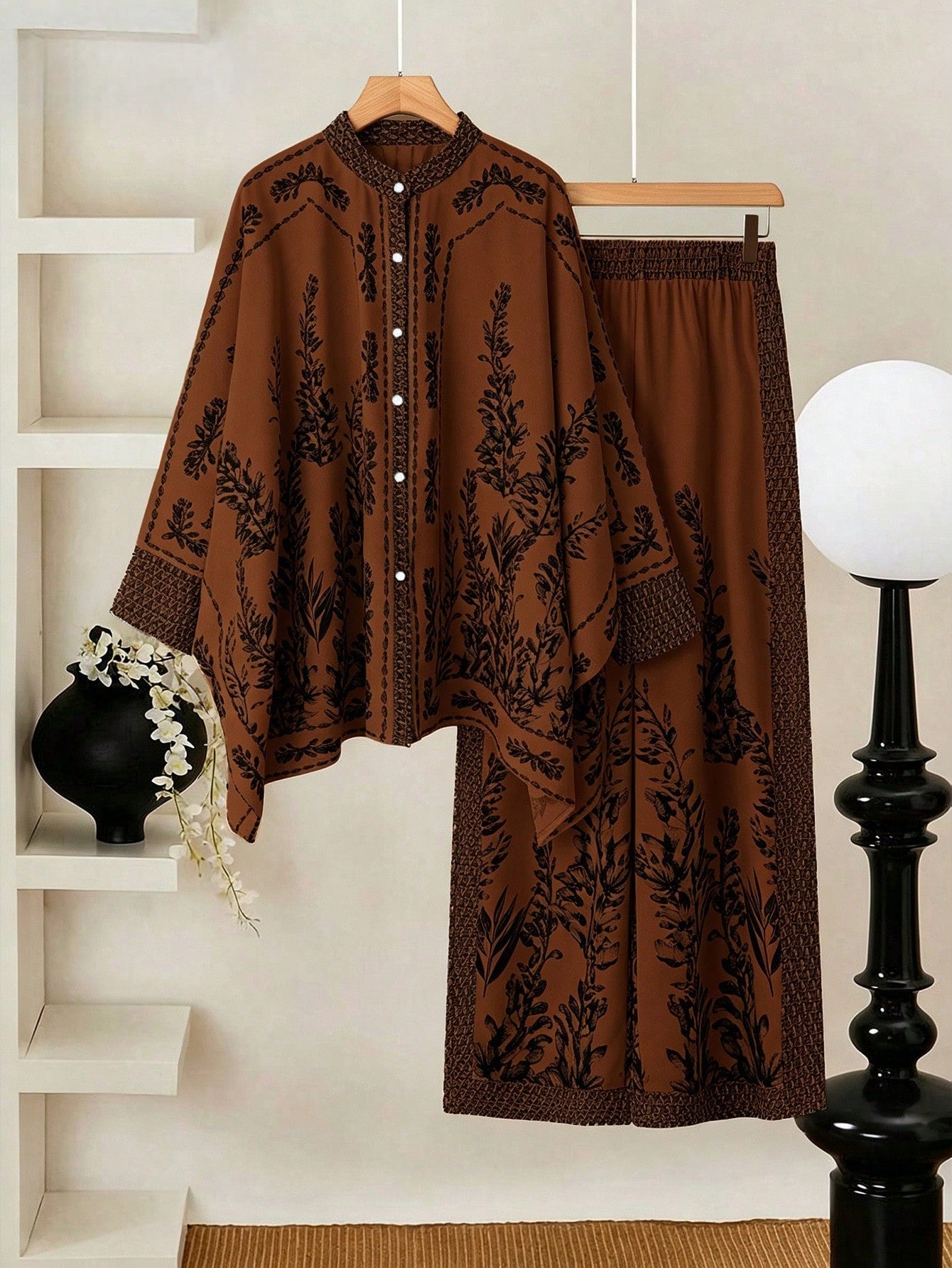 EMERY ROSE Print Long Sleeve Top And Pants Casual Daily 2-Piece Set
