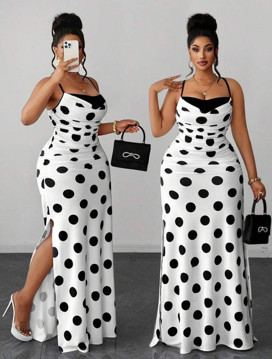 Black And White Polka Dot Color Block Tin Strap Neck Ruched Fitted Maxi Dress, Elegant Style, Vintage Style, Party Dress, Suitable for Lovely Occasions - CHRISTIAN DELOS -