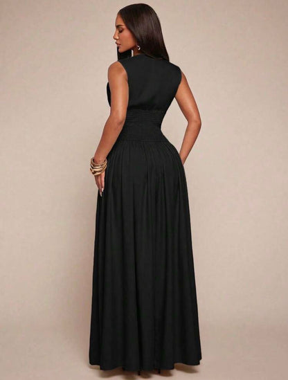 Radiana Women's Sexy Elegant Minimalist Faux Linen V-Neck Tank Dress, Long Dress, Waist-Cinching Dress, Button-Front Dress, Shirt Dress, Full Skirt Dress, Casual Dress, Casual Business lOld Money Style @ CHRISTIAN DELOS