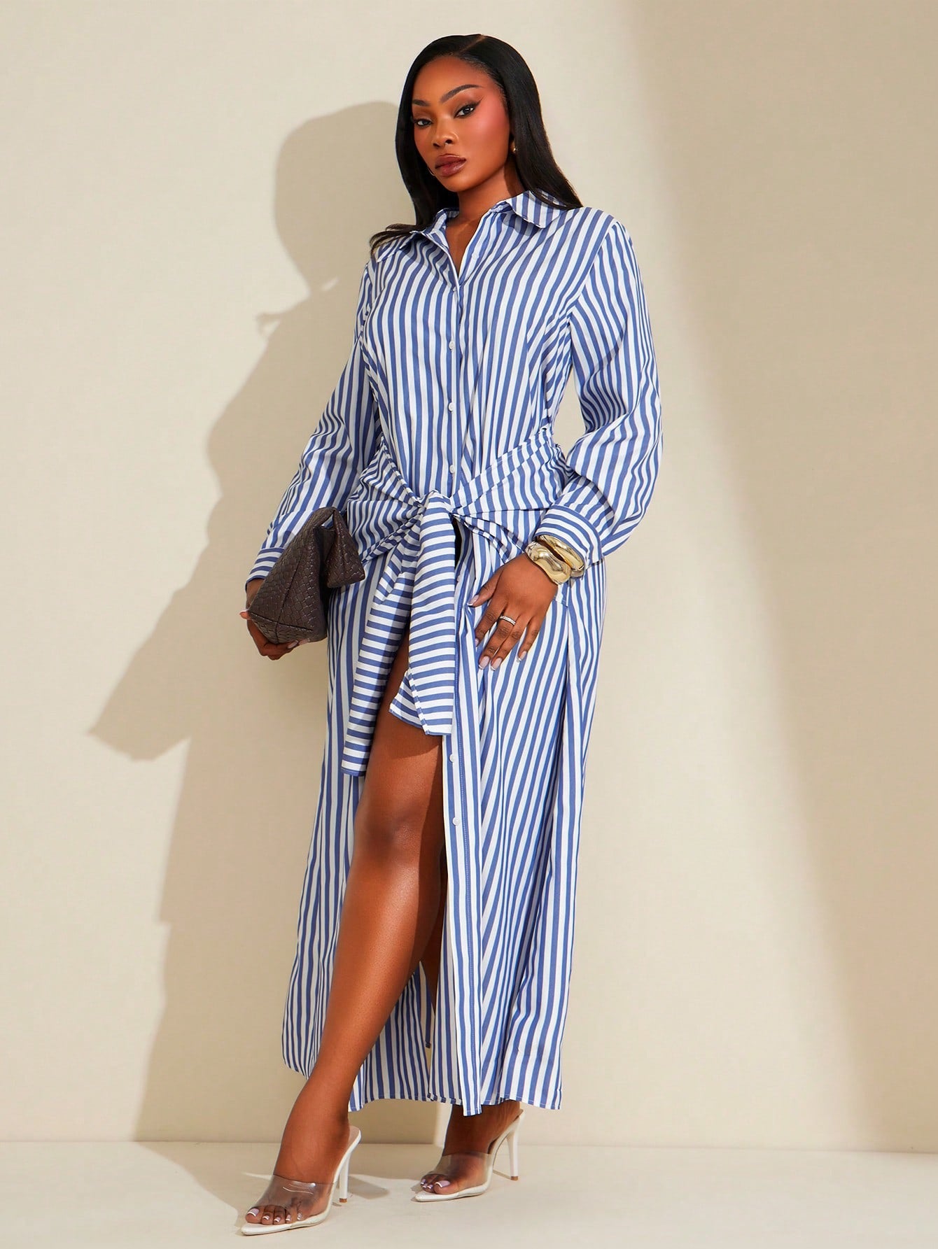 Pointed Collar Self Tie 2 In 1 Design Maxi Shirt Dress,Suitable For Urban,Sexy Office Siren Coquettish,Versatile,Cruise Attire | Available  @CHRISTIANDELOS_