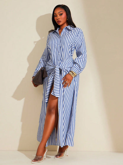 Pointed Collar Self Tie 2 In 1 Design Maxi Shirt Dress,Suitable For Urban,Sexy Office Siren Coquettish,Versatile,Cruise Attire | Available  @CHRISTIANDELOS_