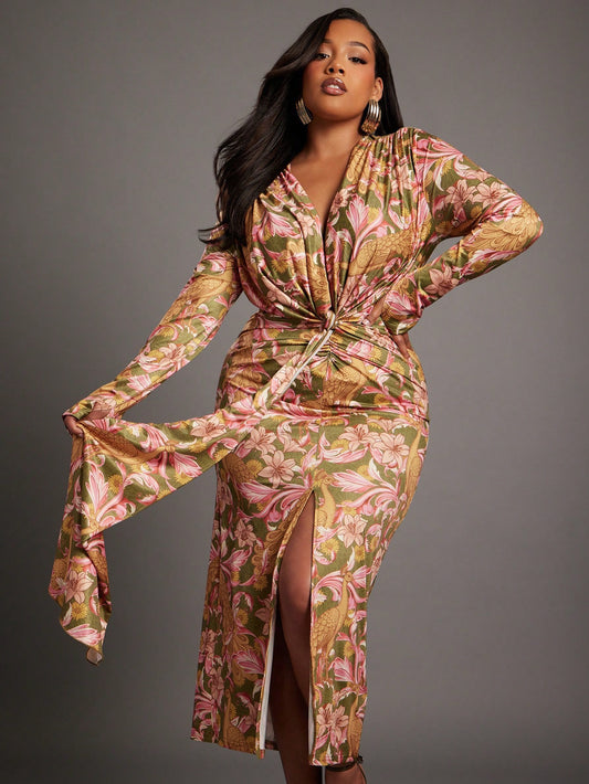 Curve Long Sleeve Deep Plunge V Neck Ruche Cinch Detail Flower Pattern Print Fitted Bodycon Dress @CHRISTIANDELOS_