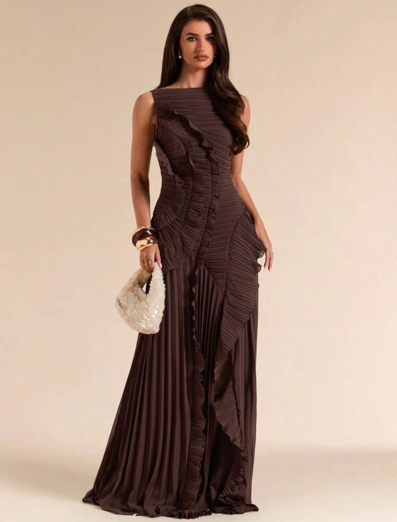 Sleeveless Backless Pleated Split High Slit Dress, Elegant with Tailored Details Design