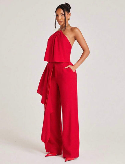 Matching Set Top And Pant Chain Neck Halter Oversized Trouser Wide Leg Asymmetrical Skirt Overlay Detail Brunch Casual Everyday Wear ~ VERI CLASSY VERI DEMURE ~