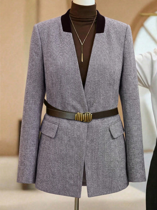 Franclia GRAY BLAZER Formal V-Neck Long Sleeve Woven Blazer, Women's Suit Jacket