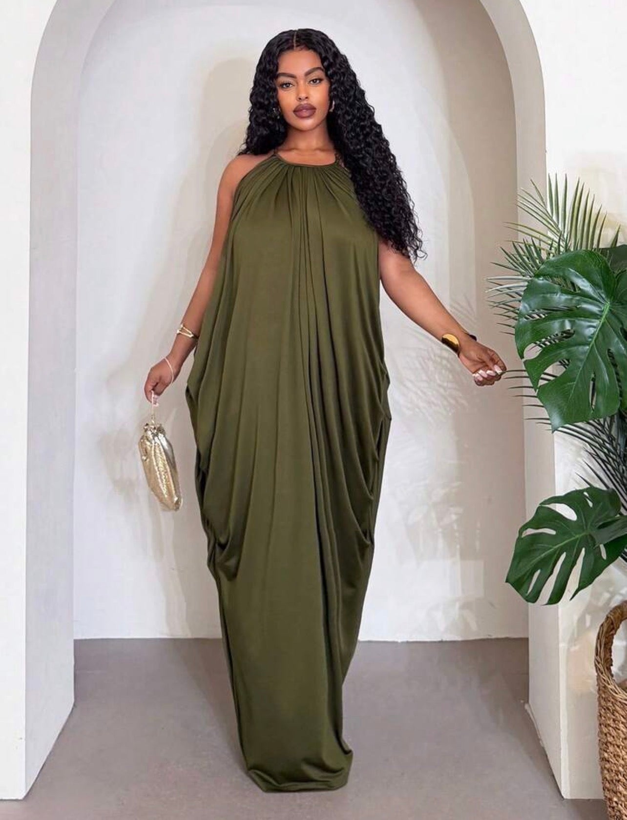 ELEGANT CHIC OLIVE GREEN HALTER NECK DRESS ~ VERI CLASSY VERI DEMURE