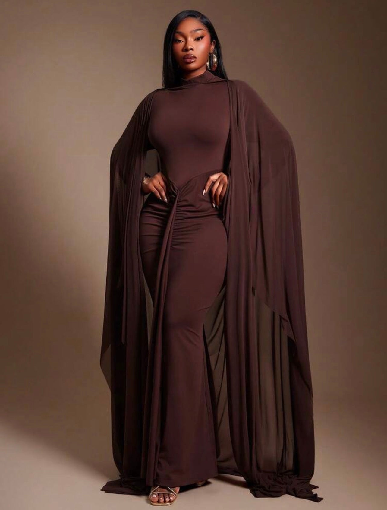 ELEGANT New Urban Resort 2pcs/Set With High-Necked, Open-Back, Long-Sleeved Dress And Matching Sheer Maxi Shawl Light Coat @CHRISTIANDELOS