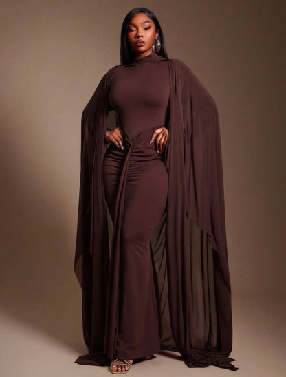 ELEGANT New Urban Resort 2pcs/Set With High-Necked, Open-Back, Long-Sleeved Dress And Matching Sheer Maxi Shawl Light Coat @CHRISTIANDELOS